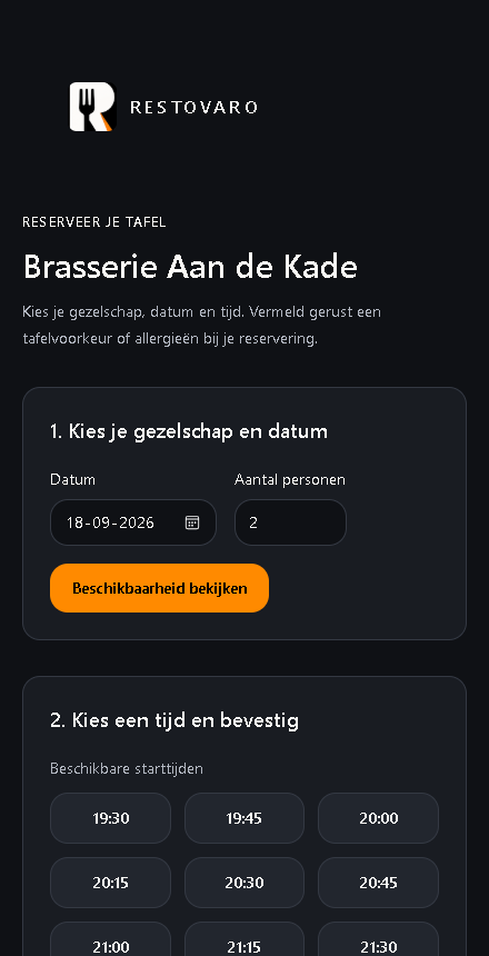 Mobiele reserveringswidget van Restovaro met datum, gezelschap en beschikbare tijden